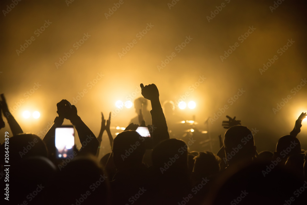 Silhouettes of people in a bright in the pop rock concert in front of the stage. Hands with gesture Horns. That rocks. Party in a club