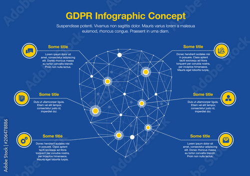 European GDPR infographic concept with shield symbol made from network polygons as main symbol with several icons, isolated on dark blue background. Easy to use for your website or presentation.