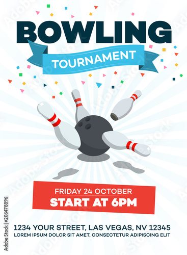 Vector bowling tournament poster with scattered skittle and bowling ball isolated on light background with transparent shadows.