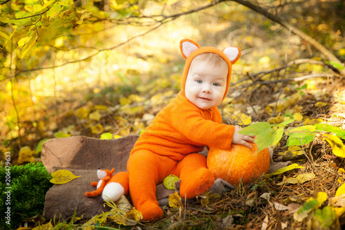 Cute baby girl dressed in fox costume