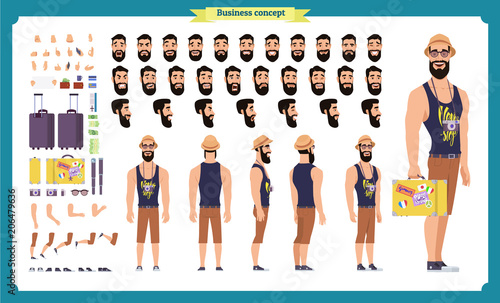 Ready-to-use character set. Tourist man with luggage. Various poses, emotions, running, standing, walking, waiting, map reading.front, rear view isolated