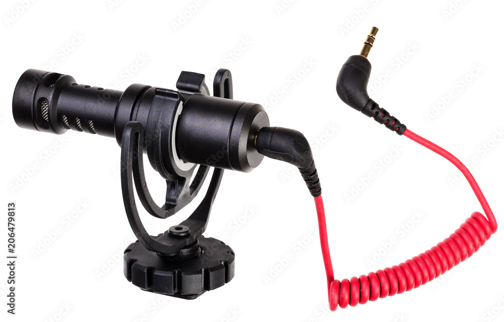 An external directional microphone for a digital camera, on a white background. An external directional microphone for a digital camera, on a white background.