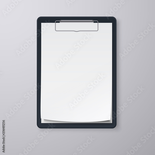 Black clipboard with blank white sheet. EPS 10