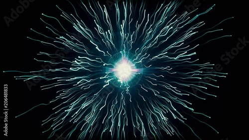 Particle collision and explosion. Bright blue particles with streams collide and create explosion shockwave with trails. Spherical multicolored explosion with flares isolated on black background. 4K photo