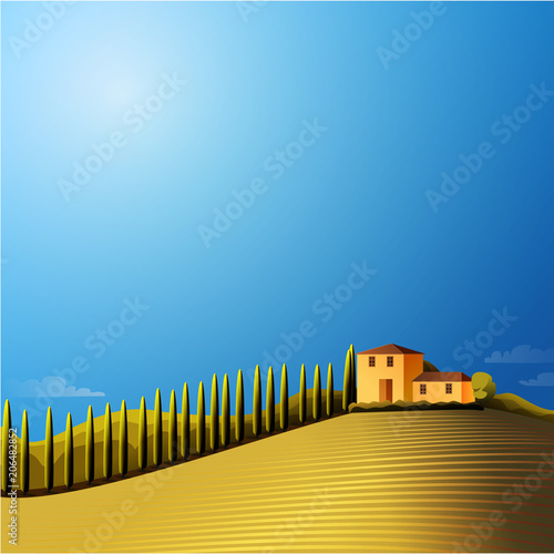 Vector sunny  landscape with farmhouse ,hills and meadow