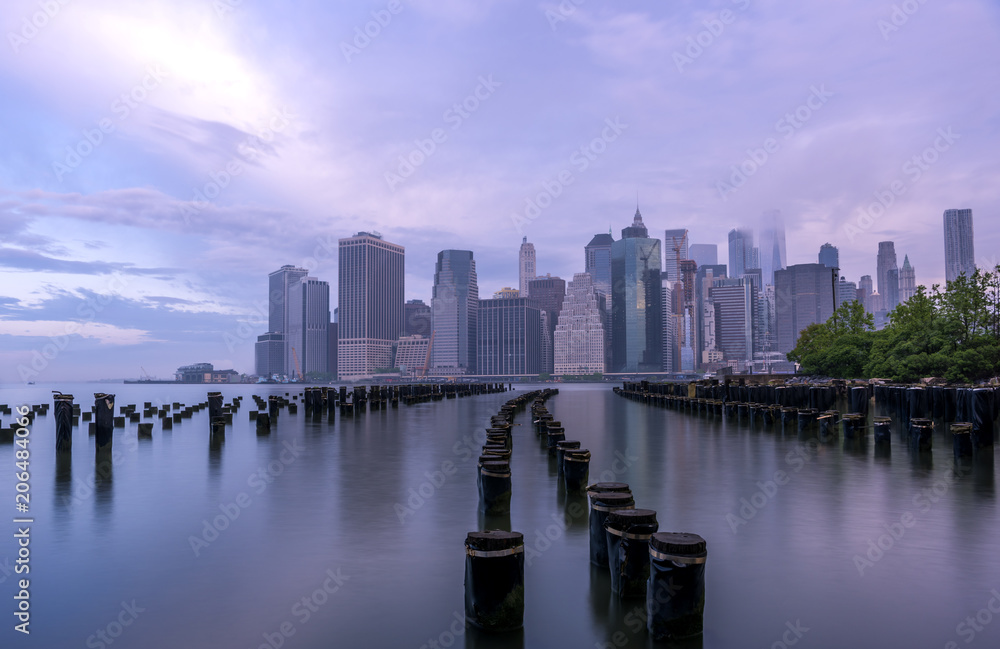 Lower Manhattan viewed from Brooklyn at sunrise 