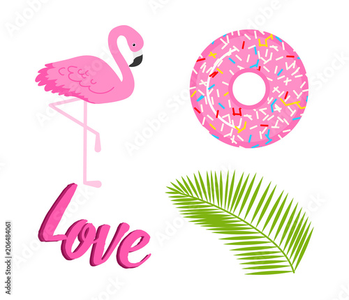 Summer icons. flamingo and tropical palm. Fun sticker for Girl, fashion cute patch, badge, pin. Collection different elements for notebook. Vector trendy illustration.