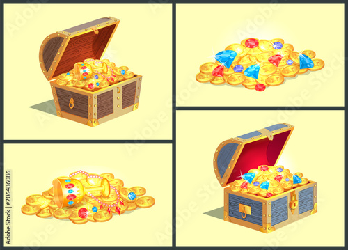Treasures in Wooden Chests Vector Illustration