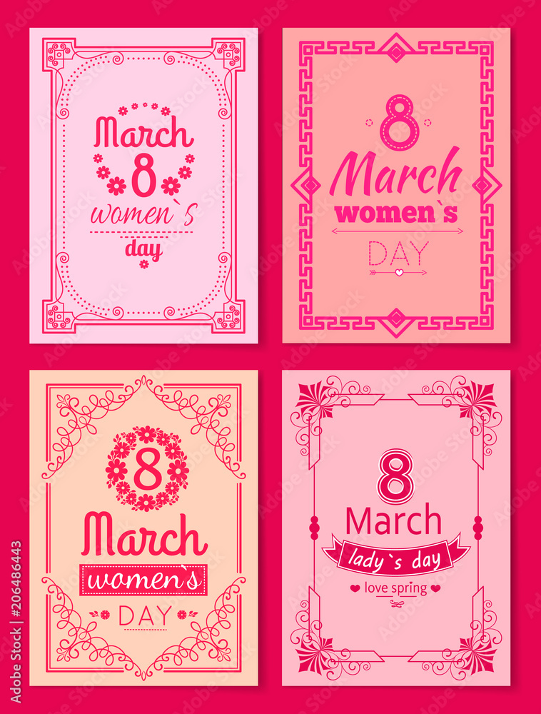 Naklejka premium Womens Day Postcard with Big Sign and Swirly Frame