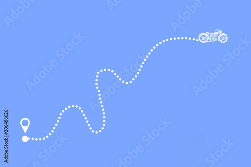an illustration with a motorcycle and a road from point a to point b, the path traversed by the machine,