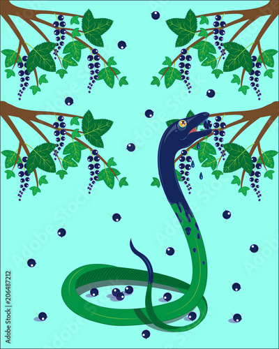 The green snake eats black currant.