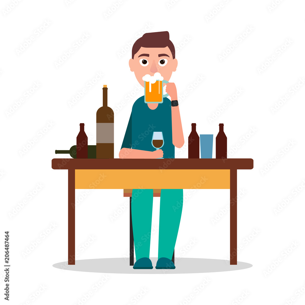 Man Sitting by Table with Lot of Alcohol Drinks