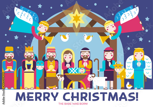 Merry Christmas icons flat set background. Vector birth of Christ illustration background concept.