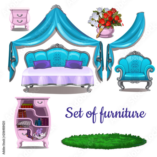 Vintage interior. Antique furniture isolated on white background. Vector cartoon close-up illustration.