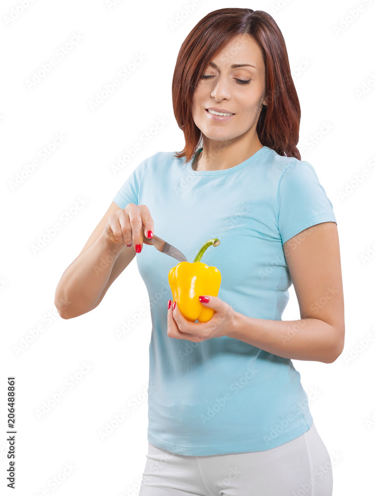 smiling female with peper and knife isolated smiling female with peper and knife isolated