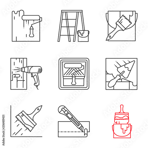 Construction tools linear icons set