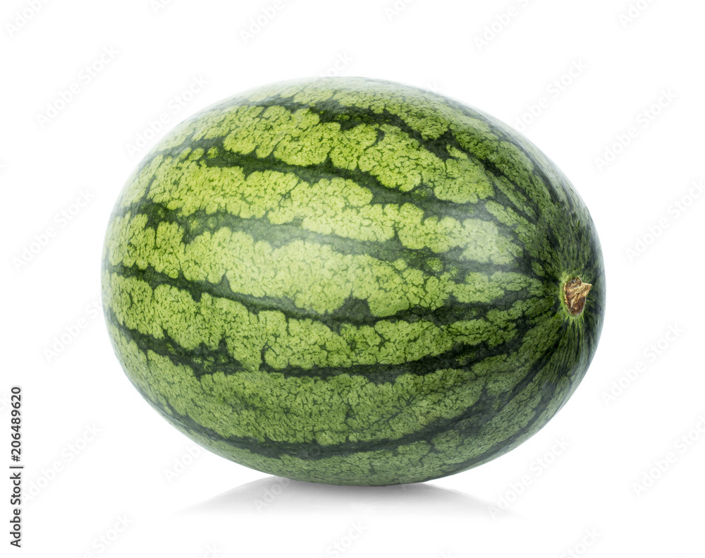 Ripe single full watermelon berry isolated on white background. One whole watermelon with clipping path. Ripe single full watermelon berry isolated on white background. One whole watermelon with clipping path.