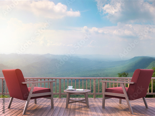 Contemporary terrace with mountain view 3d render. There are wood floor.Furnished with red fabric chair. There are wooden railing overlooking mountain view.