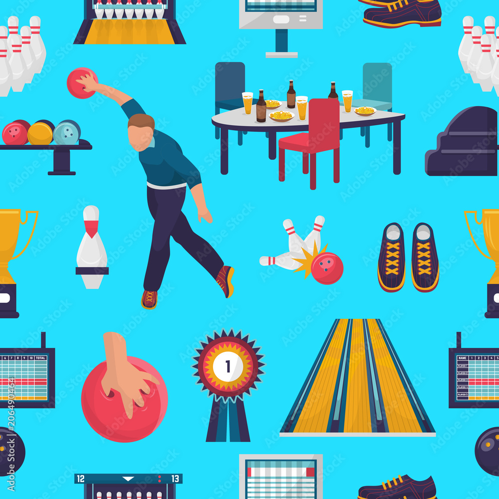 Bowling vector man character plays kegling game with bowlingball on