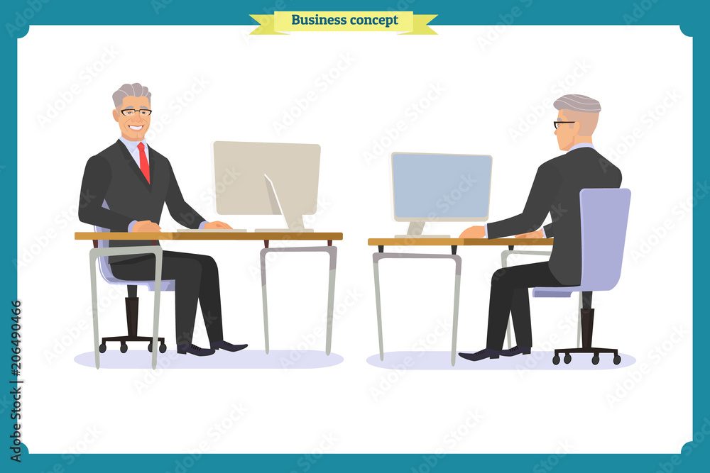 Male office worker poses sitting at computer with tablet having coffee brake cartoon characters set vector illustration Male office worker poses sitting at computer with tablet having coffee brake cartoon characters set vector illustration