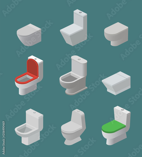 Toilet bowl and seat vector isometric icons toiletries flush and bathroom ceramic equipment or sanitary toilette in wc closet or lavatory with toiletware illustration isolated on background