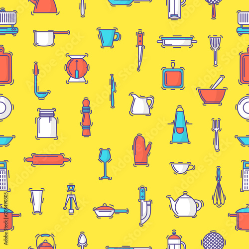 Kitchenware vector seamless pattern cookware for cooking and kitchen utensils or cutlery for kitchener backdrop illustration tableware in kitchenette wallpaper seamless pattern background