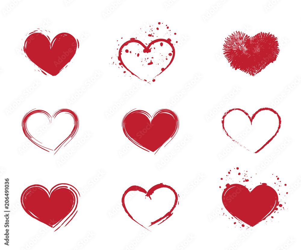 Variety of red paint and brush heart shapes in vector format