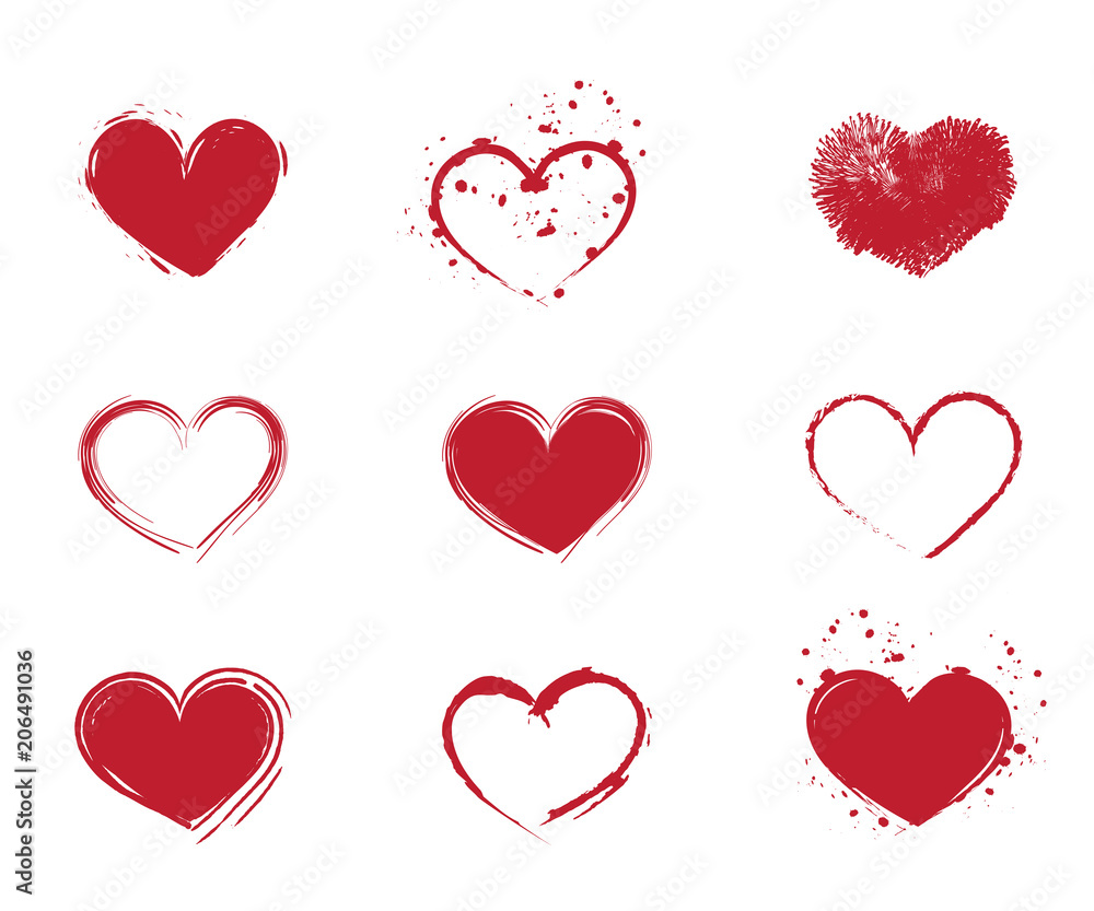 Variety of red paint and brush heart shapes in vector format Variety of red paint and brush heart shapes in vector format