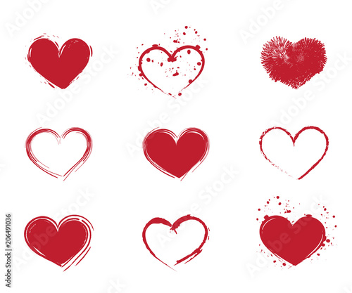 Variety of red paint and brush heart shapes in vector format
