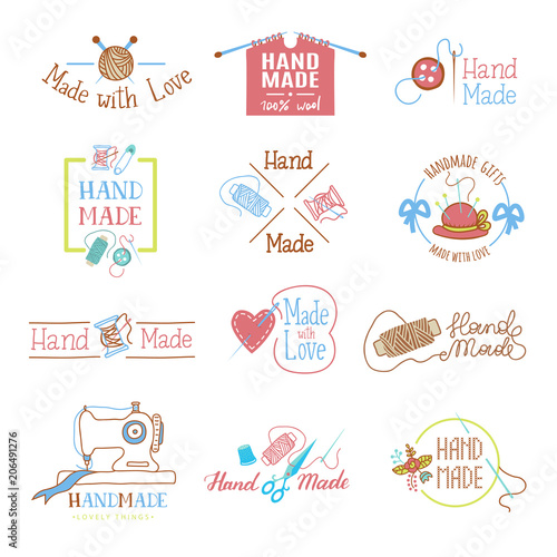 Handmade logo vector wool knitting needles or sewing handcraft hobby workshop logotype illustration set of crocheting woolly knitwear and handknitting needlework label isolated on white background