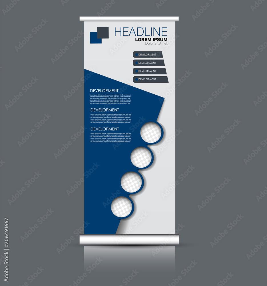 Roll up banner stand. Vertical information board design. Blue color
