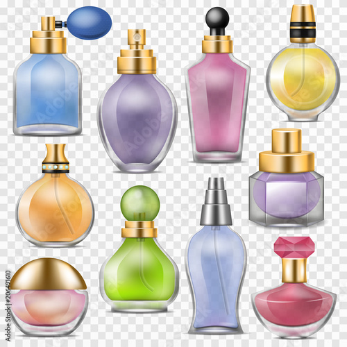 Perfume vector perfumed aroma in glass bottle or fragrance spray for scented woman illustration perfumery set of female beauty scent isolated on transparent background