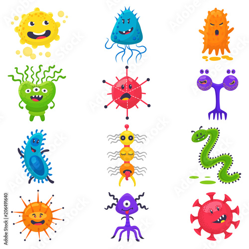 Viruses vector cartoon bacteria emoticon character of bacterial infection or ilness in microbiology illustration set of microbe organism emotions isolated on white background