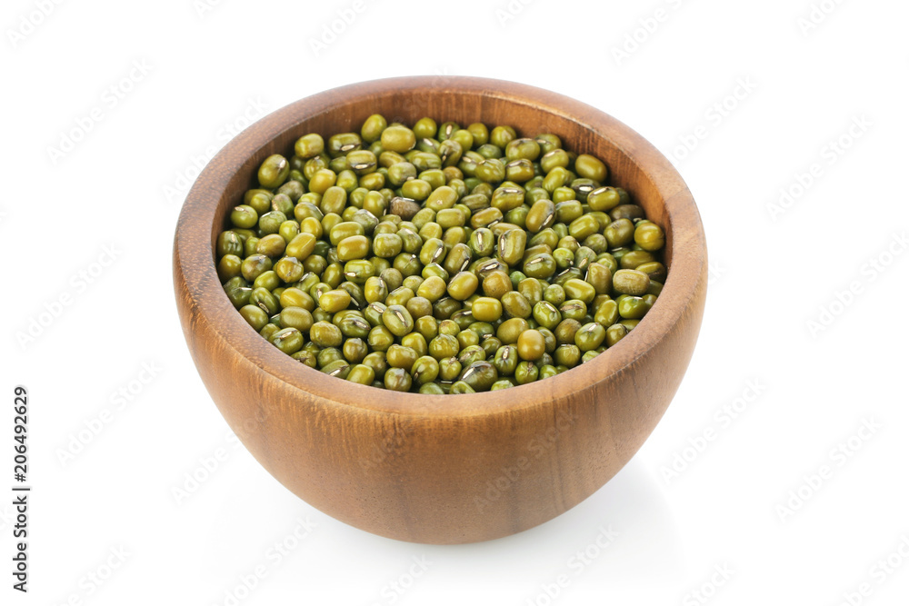 Mung Bean,green beans,wooden bowls on white background Mung Bean,green beans,wooden bowls on white background