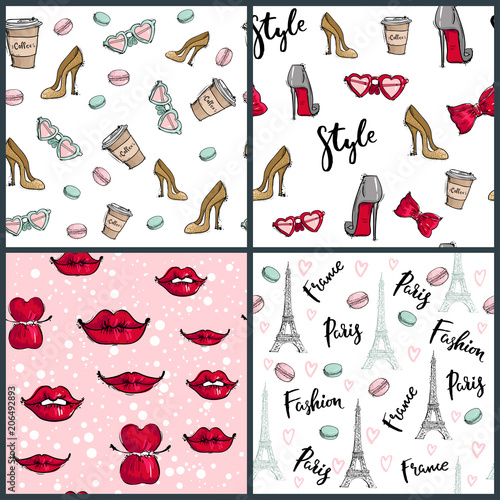 Fashion cosmetics accessories seamless pattern vector colors bright pink styl...