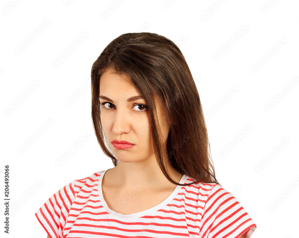 portrait of girl frown her face in displeasure. emotional girl isolated on white background portrait of girl frown her face in displeasure. emotional girl isolated on white background