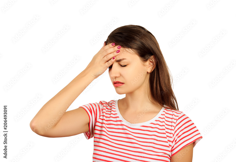 Tired Exhausted Stressed Woman Suffering From Strong Eye Pain or head. emotional girl isolated on white background Tired Exhausted Stressed Woman Suffering From Strong Eye Pain or head. emotional girl isolated on white background
