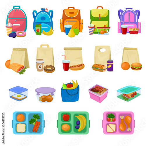 Lunch box vector school lunchbox with healthy food fruits or vegetables boxed in kids container illustration set of packed meal sausages or bread isolated on white background