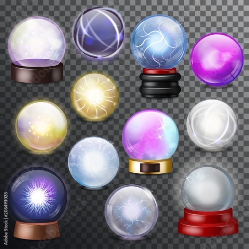 Magic ball vector magical crystal glass sphere and shiny lightning transparent orb as prediction soothsayer illustration magnificent set isolated on transparent background