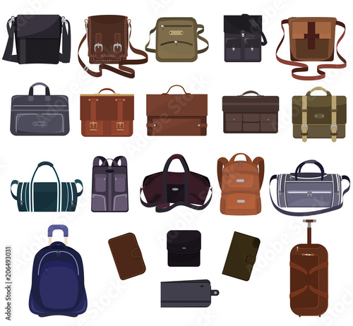 Man bag vector manlike fashion handbag or business briefcase and leather notecase or wallet of businessman illustration bagged set of male baggy accessory bagpack isolated on white background