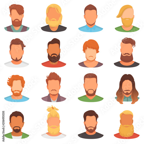 Beards vector portraite of bearded man with male haircut in barbershop and barbed mustache on hipsters face illustration set of barber hairstyle isolated on white background