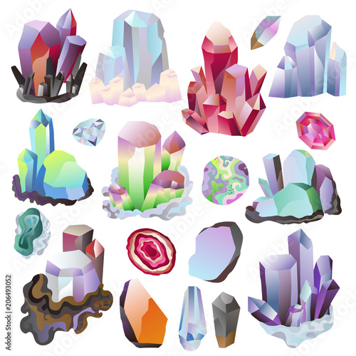 Crystal vector crystalline stone or precious gemstone for jewellery illustration set of jewel gem or mineral stony crystallization of natural quartz isolated on white background