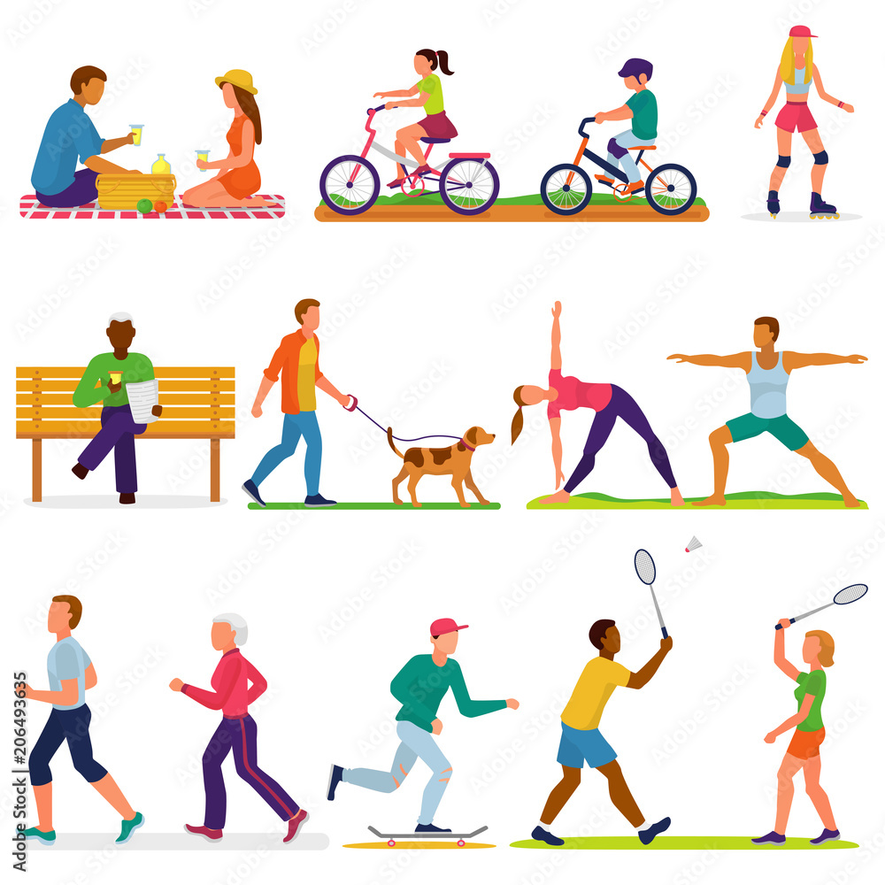 Active people vector woman or man character in sport activities training fitness workout exercises and doing yoga illustration set of adults and kids cycling on bicycle isolated on white background