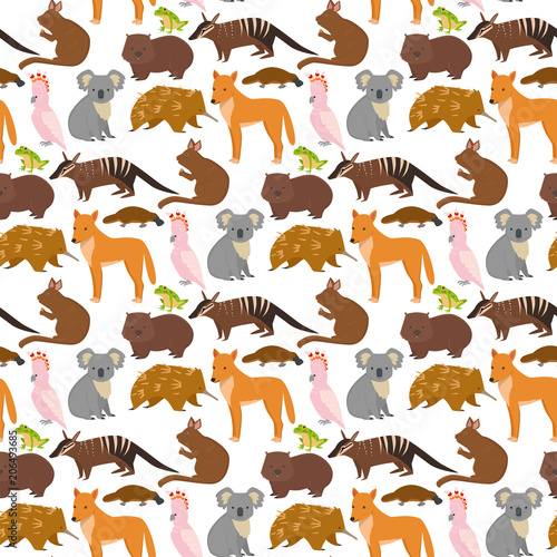 Australia wild animals cartoon popular nature characters seamless pattern background flat style mammal collection vector illustration.