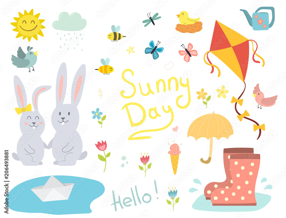 Spring vector natural floral symbols with blossom gardening tools beauty design and nature grass season branch springtime hand drawn elements illustration Spring vector natural floral symbols with blossom gardening tools beauty design and nature grass season branch springtime hand drawn elements illustration