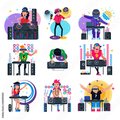 DJ music vector discjockey character playing disco on turntable sound record in nightclub set of jockey people with audio equipment for playback vinyl discs isolated on white background