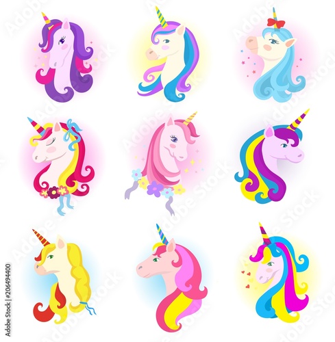Unicorn vector cartoon horse character with magic horn and rainbow mane in ch...