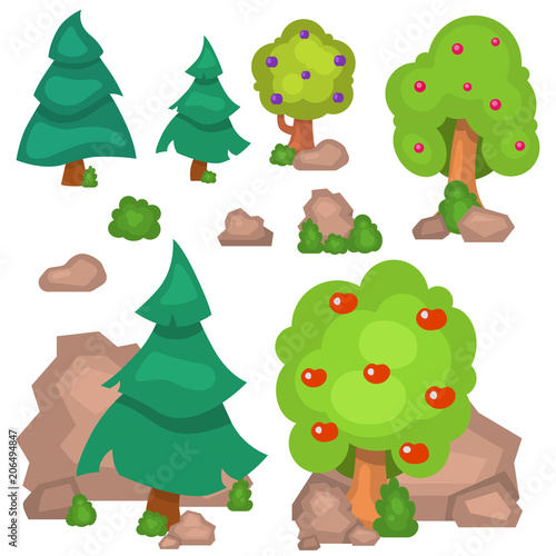 Garden trees vector flowers grass game park elements illustration nature fore...