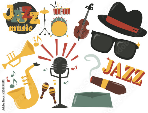 Photography Jazz musical instruments tools icons jazzband piano saxophone music sound vector illustration rock concert note