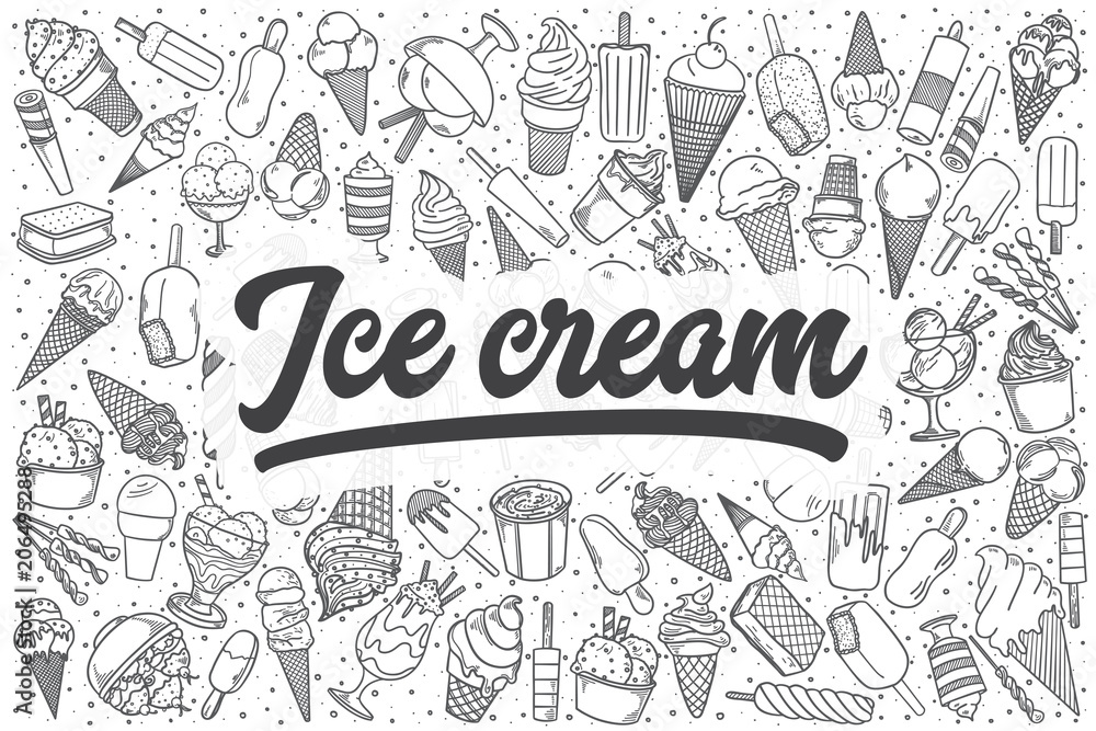 Hand drawn ice cream vector doodle set.
